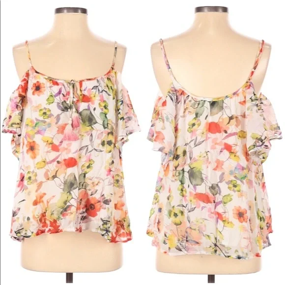 Anthropologie Love Sam Floral Cold Shoulder Flutter Sleeve Blouse Medium - Picture 2 of 12